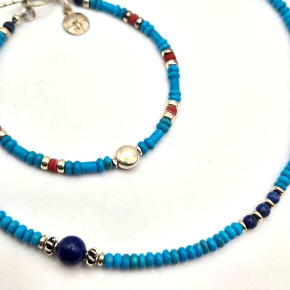 Artisan Set Blue‎ Turquoise Lapis Lazuli Red Coral 925 Silver Necklace Bracelet - Picture 3 of 6